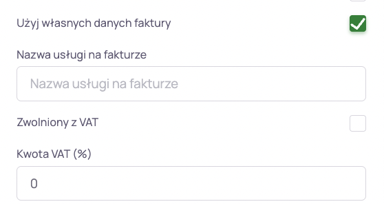 Ustawienia usługi w Theraplo - własne dane faktury, nazwa usługi na fakturze oraz stawka VAT