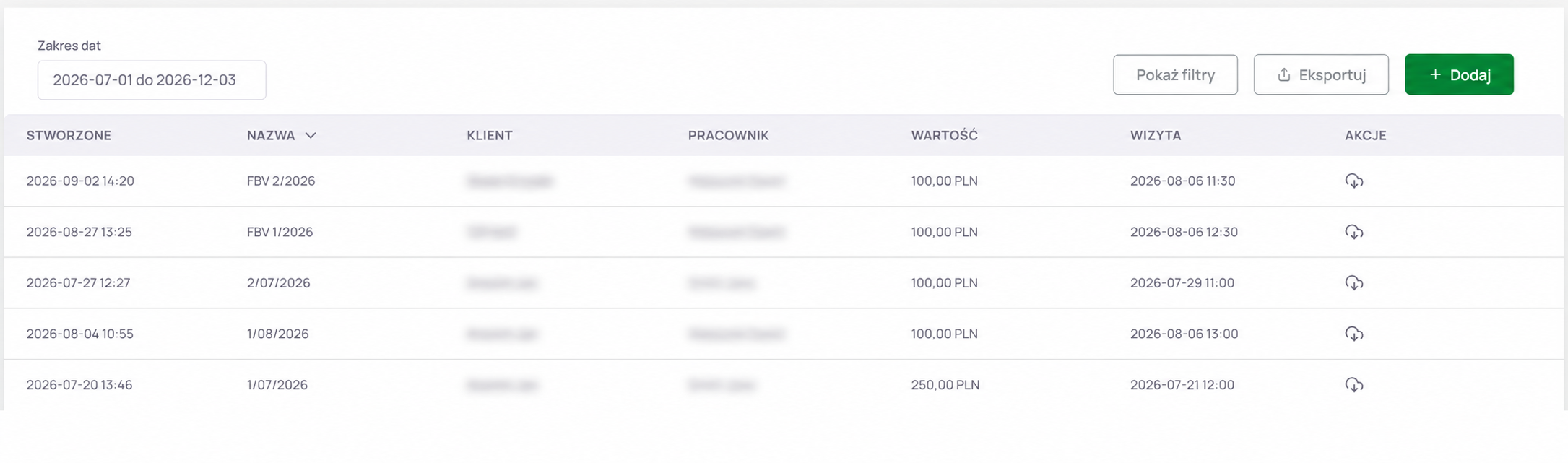 Lista faktur w Theraplo - numer dokumentu, klient i pracownik (zanonimizowani), wartość oraz powiązana wizyta dla każdej faktury