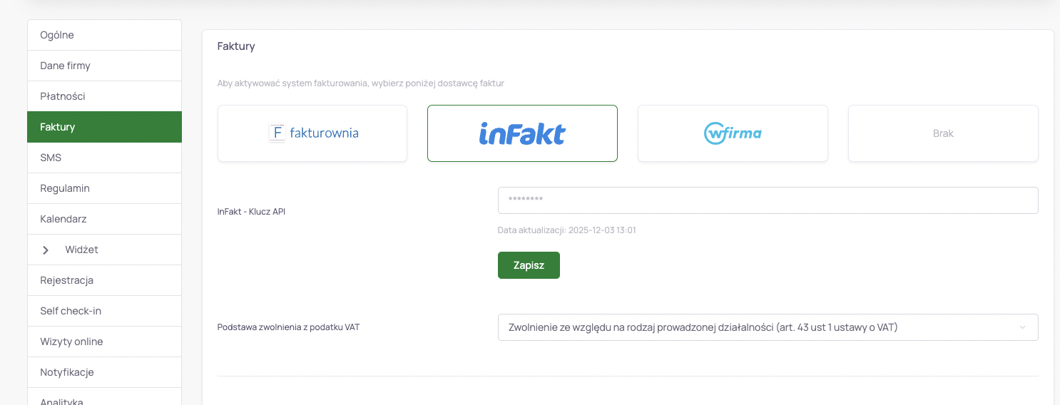 Zakładka Faktury w Theraplo - wybór zintegrowanego systemu fakturowego: fakturownia, inFakt lub wFirma