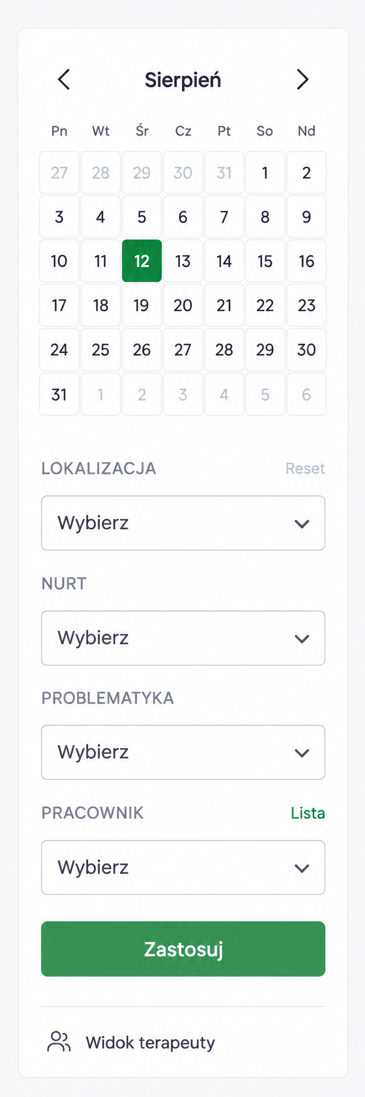 Panel filtrów kalendarza w Theraplo - wybór miesiąca, lokalizacji, nurtu, problematyki i pracownika oraz przycisk Zastosuj