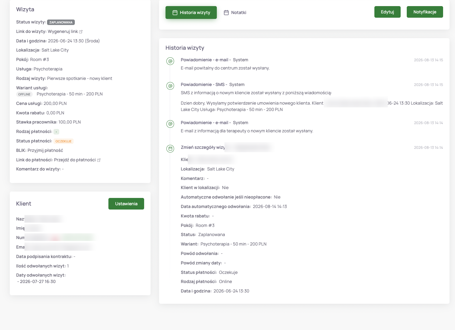 Szczegóły wizyty w Theraplo - status, data i godzina, lokalizacja, usługa, cena, stawka specjalisty, status płatności oraz historia powiadomień (dane klienta i nazwisko pracownika rozmyte)