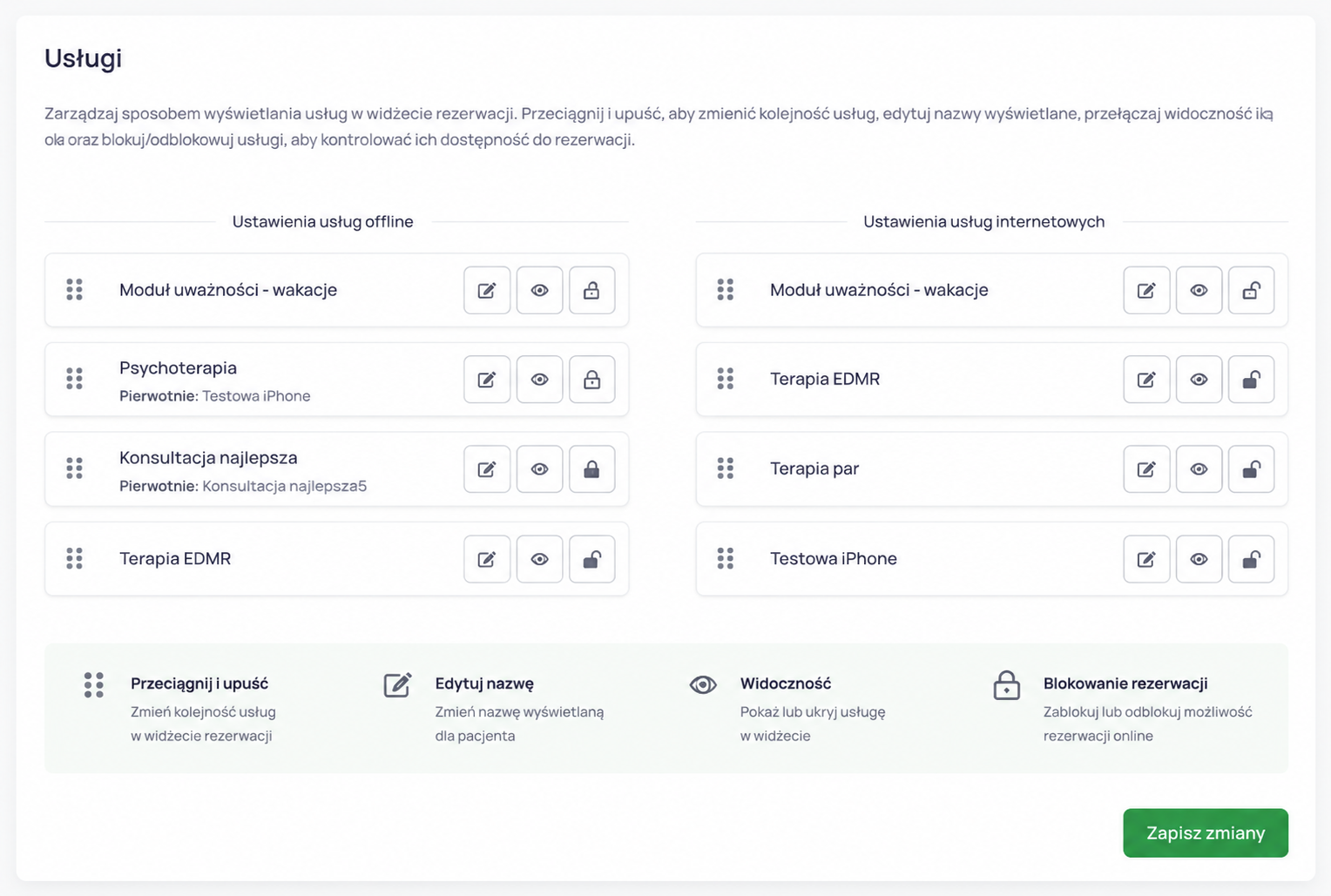 Ustawienia usług w Theraplo - osobne listy usług offline i online, zmiana kolejności przeciąganiem, widoczność oraz blokowanie/odblokowywanie rezerwacji online