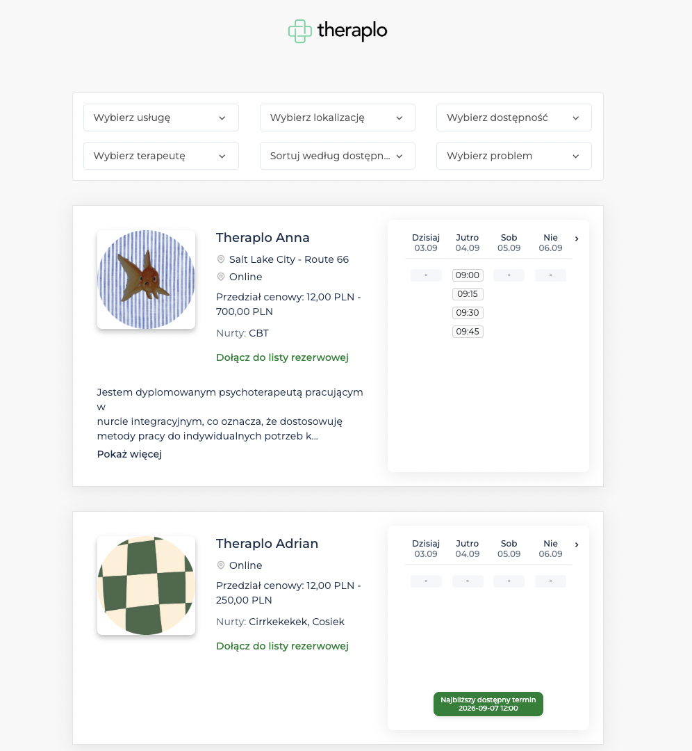 Widget rezerwacji Theraplo od strony pacjenta - filtry wyszukiwania (usługa, lokalizacja, dostępność, terapeuta, sortowanie, problem) oraz karty specjalistów z dostępnymi terminami