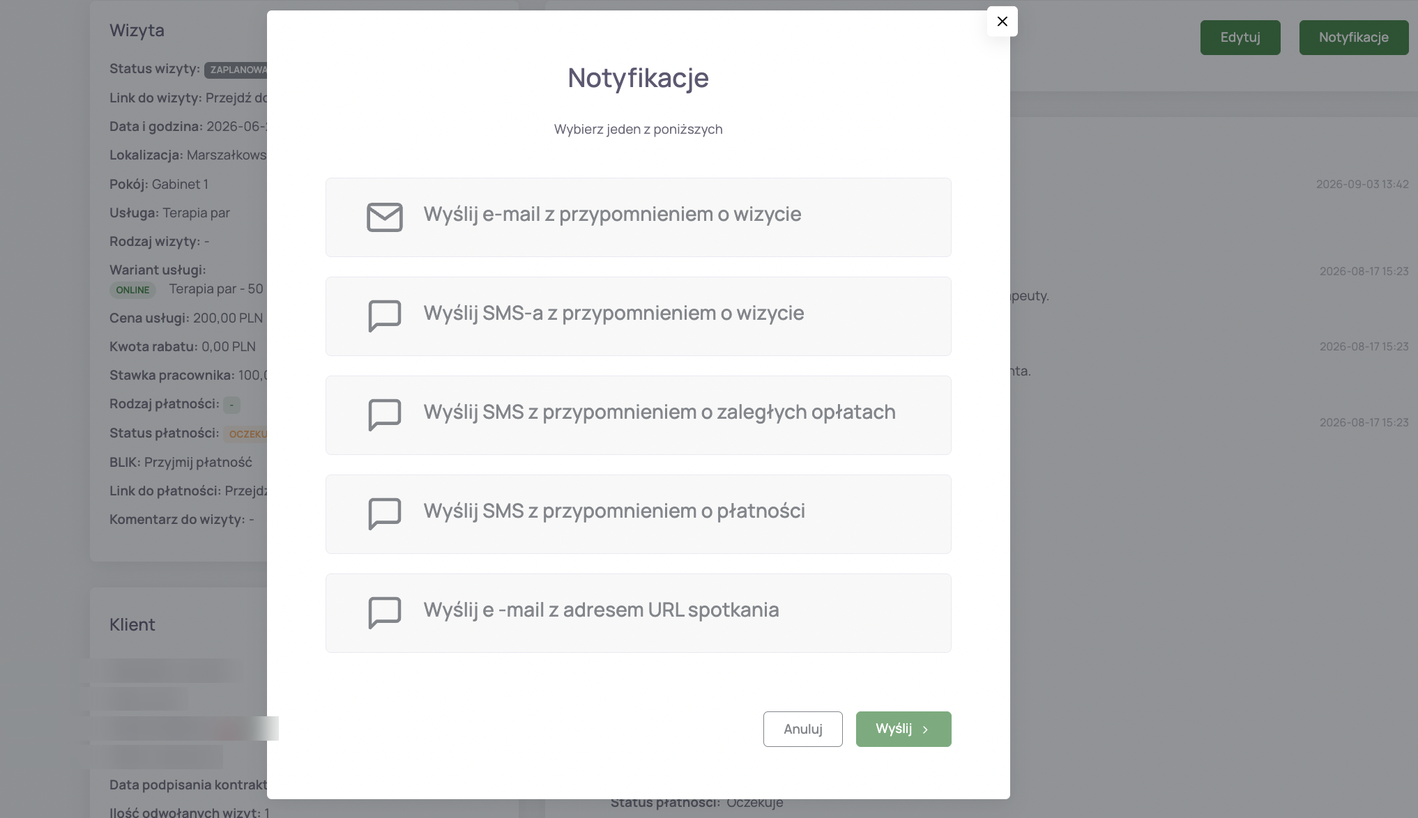 Modal ręcznego wysłania notyfikacji z poziomu wizyty z pięcioma dostępnymi opcjami wiadomości (dane klienta w tle rozmyte)